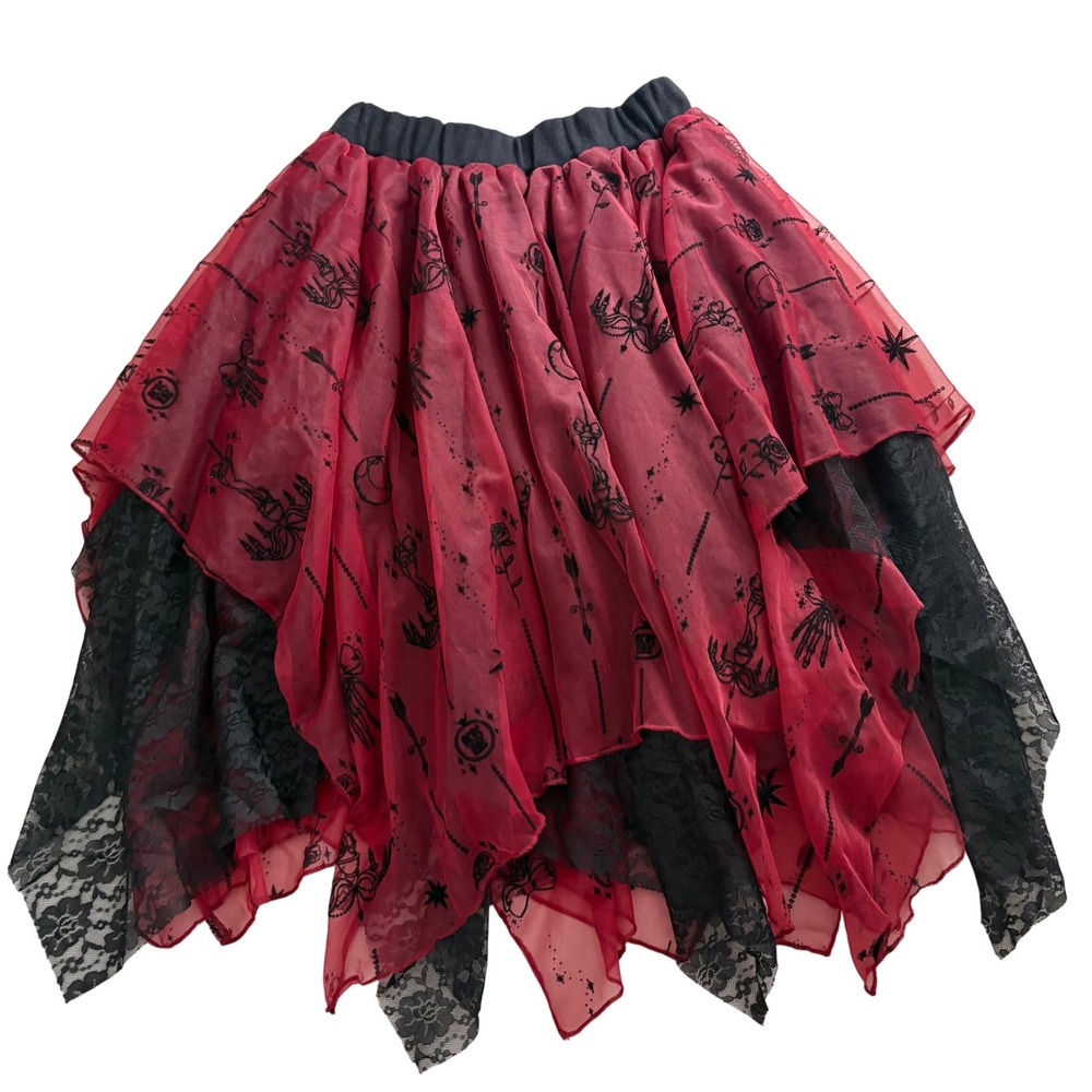 ACDC Rag Gothic Red Black Lace Layered Handkerchief Hem Skirt Occult Print